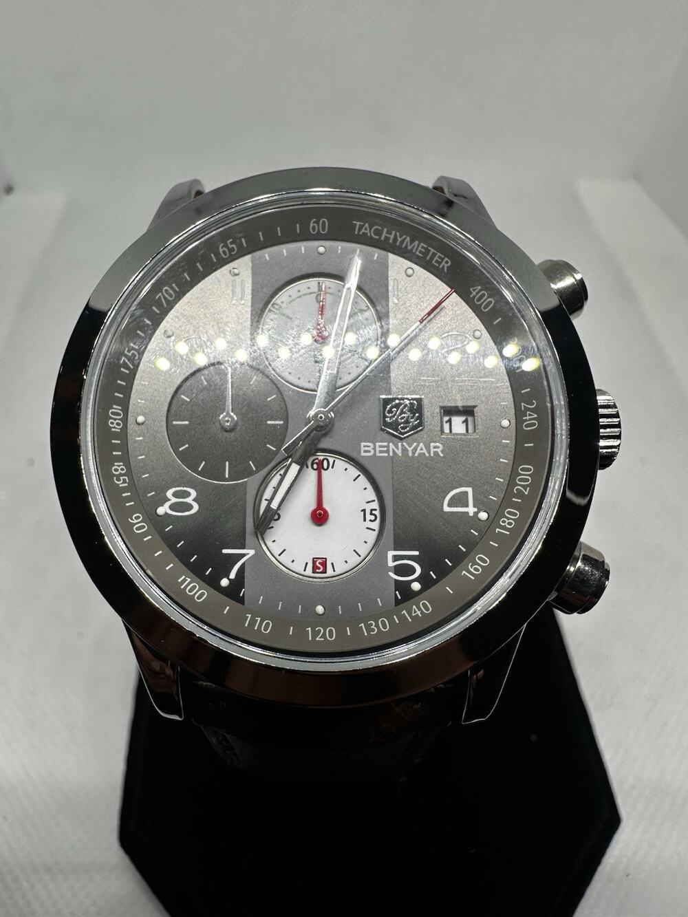 Benyar Mens Watch 46mm Chronograph Date Blue Gray Dial Tachymeter Brown Leather